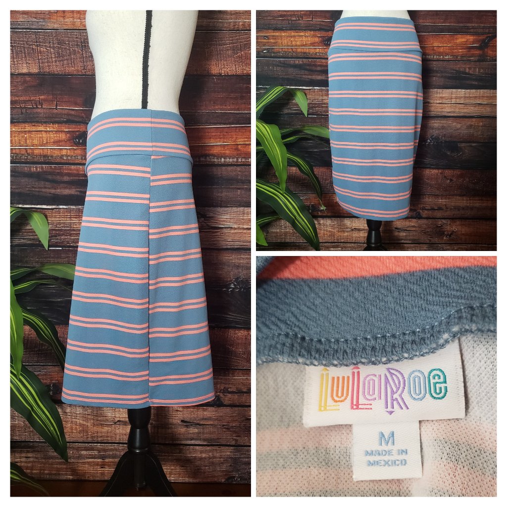 Lularoe Medium Cassie Skirt Foldover Waist Stretch Blue Pink Striped Nwot